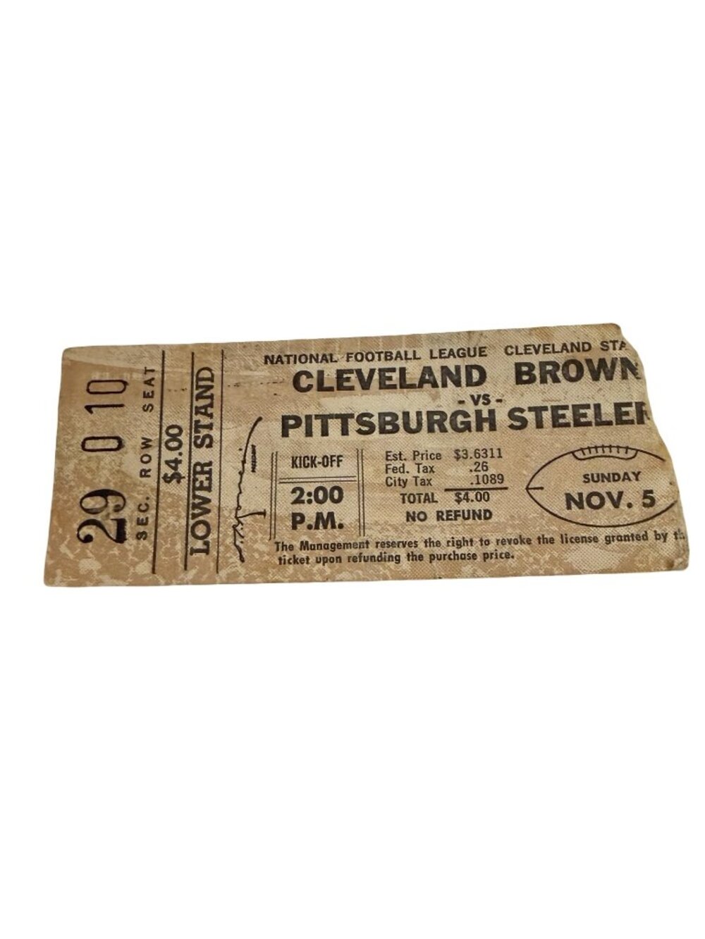 1961 Cleveland Browns Pittsburgh Steelers Ticket Stub Jim Brown TD NFL